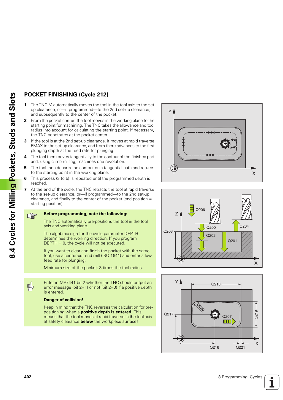Pocket finishing (cycle 212) | HEIDENHAIN iTNC 530 (340 49x-03) User Manual | Page 402 / 753