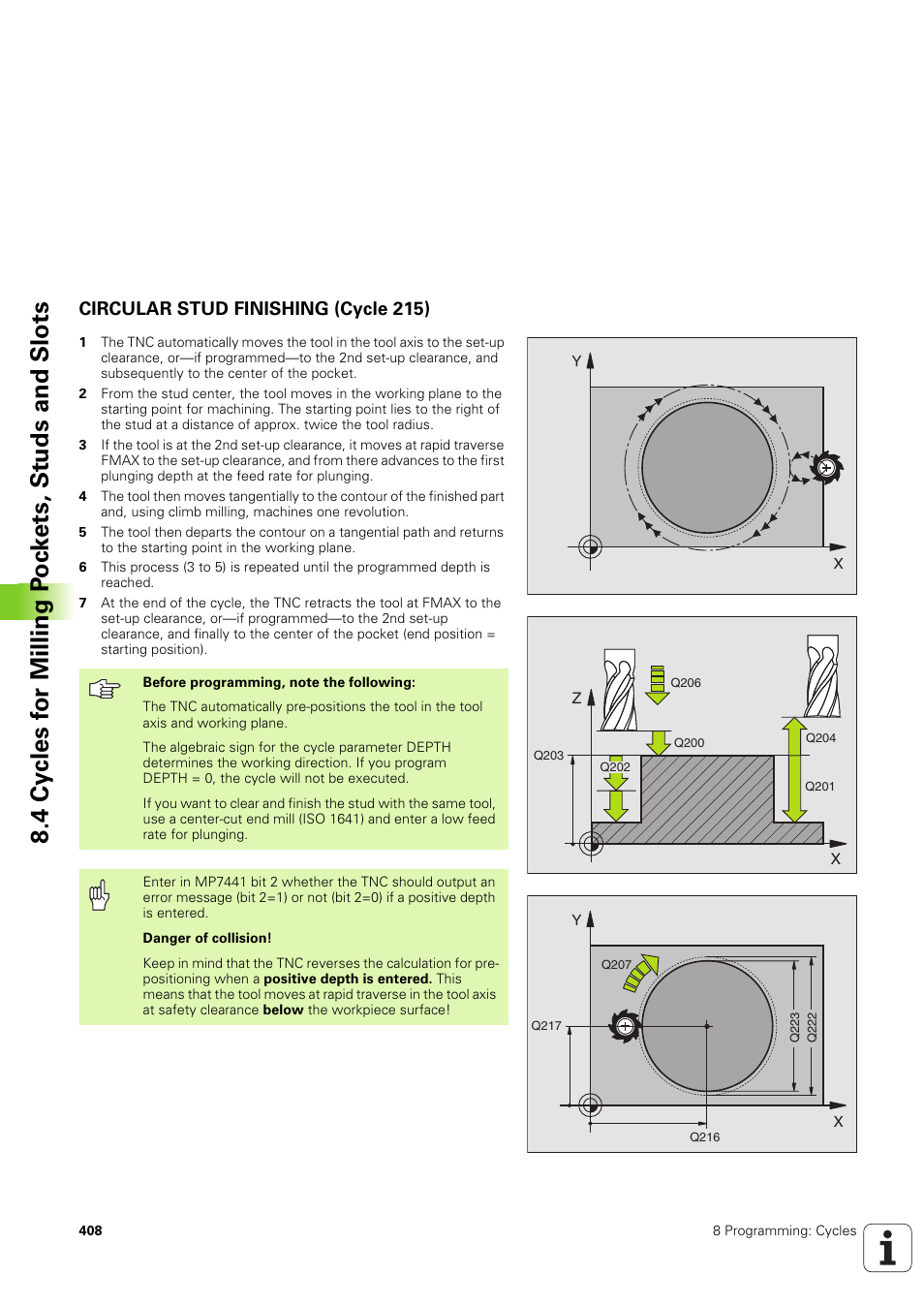 Circular stud finishing (cycle 215) | HEIDENHAIN iTNC 530 (340 49x-03) User Manual | Page 408 / 753
