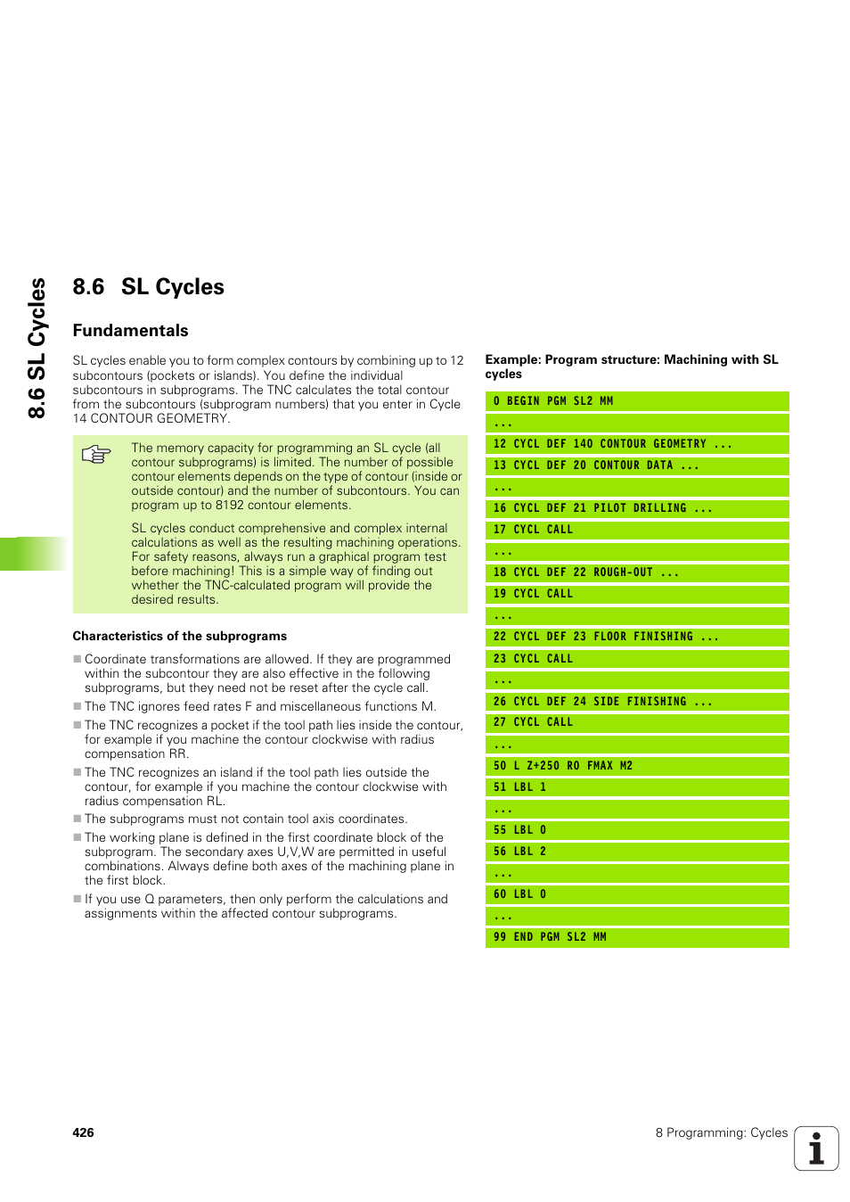 6 sl cycles, Fundamentals, 6 sl cy cles 8.6 sl cycles | HEIDENHAIN iTNC 530 (340 49x-03) User Manual | Page 426 / 753