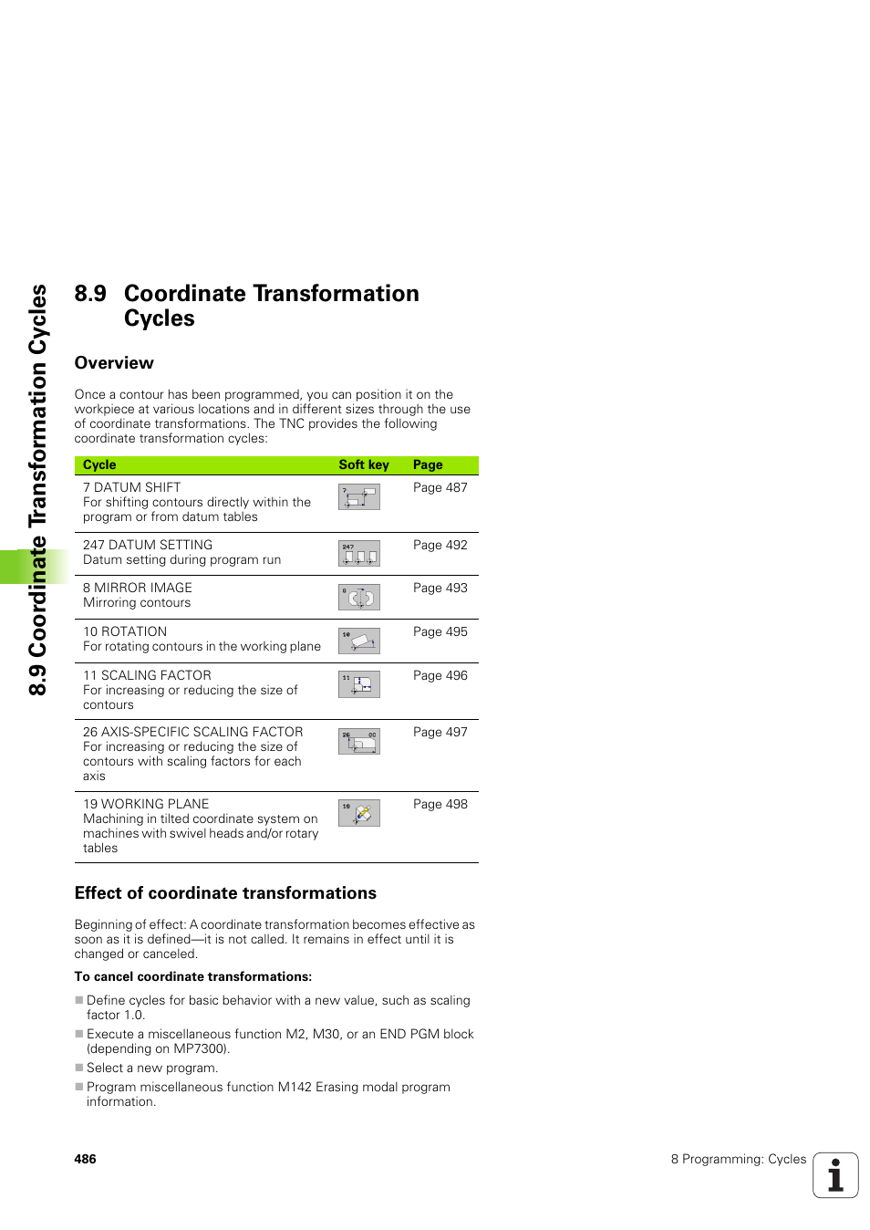 9 coordinate transformation cycles, Overview, Effect of coordinate transformations | HEIDENHAIN iTNC 530 (340 49x-03) User Manual | Page 486 / 753
