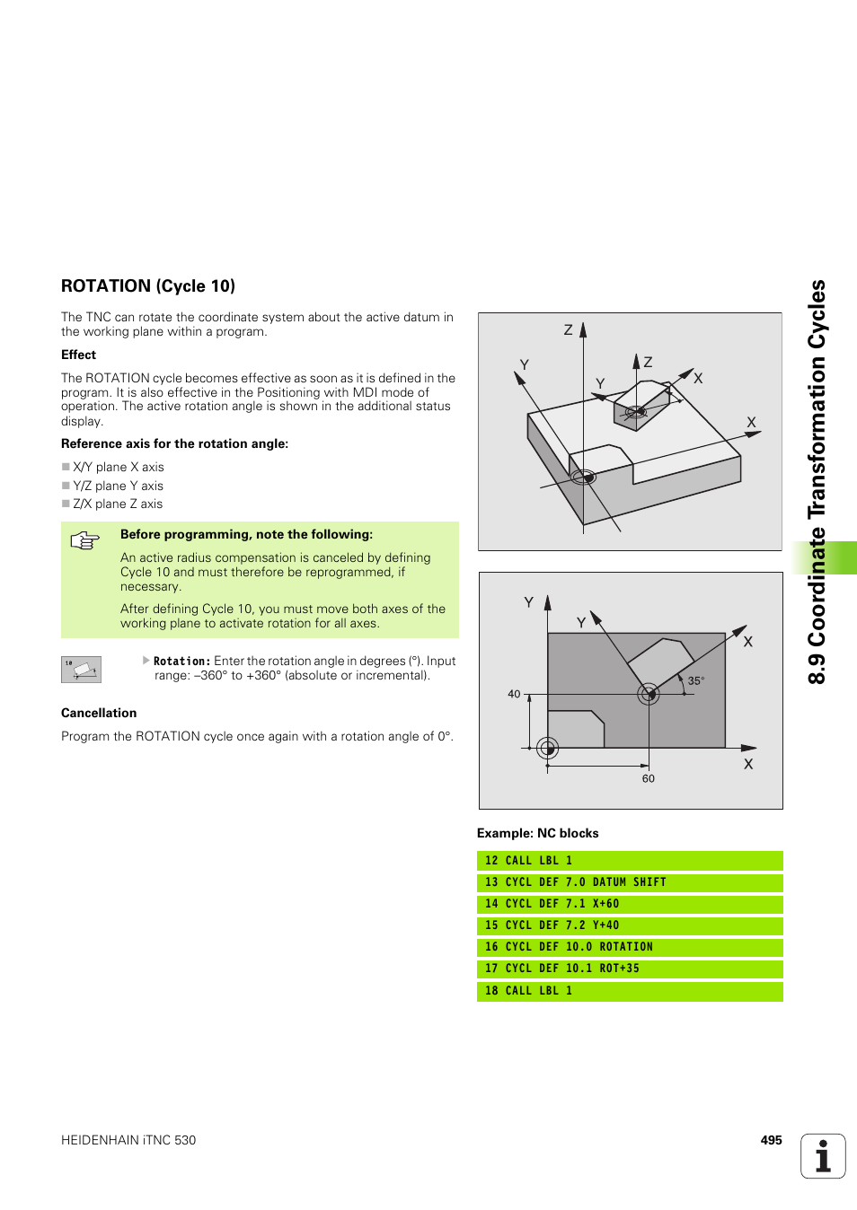 Rotation (cycle 10), 9 coor dinat e t ransf or mation cy cles | HEIDENHAIN iTNC 530 (340 49x-03) User Manual | Page 495 / 753