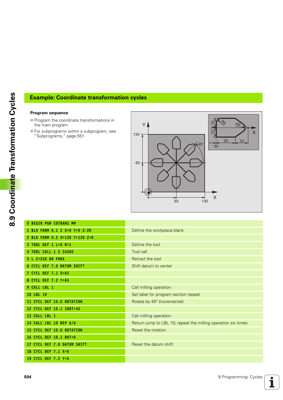 9 coor dinat e t ransf or mation cy cles, Example: coordinate transformation cycles | HEIDENHAIN iTNC 530 (340 49x-03) User Manual | Page 504 / 753