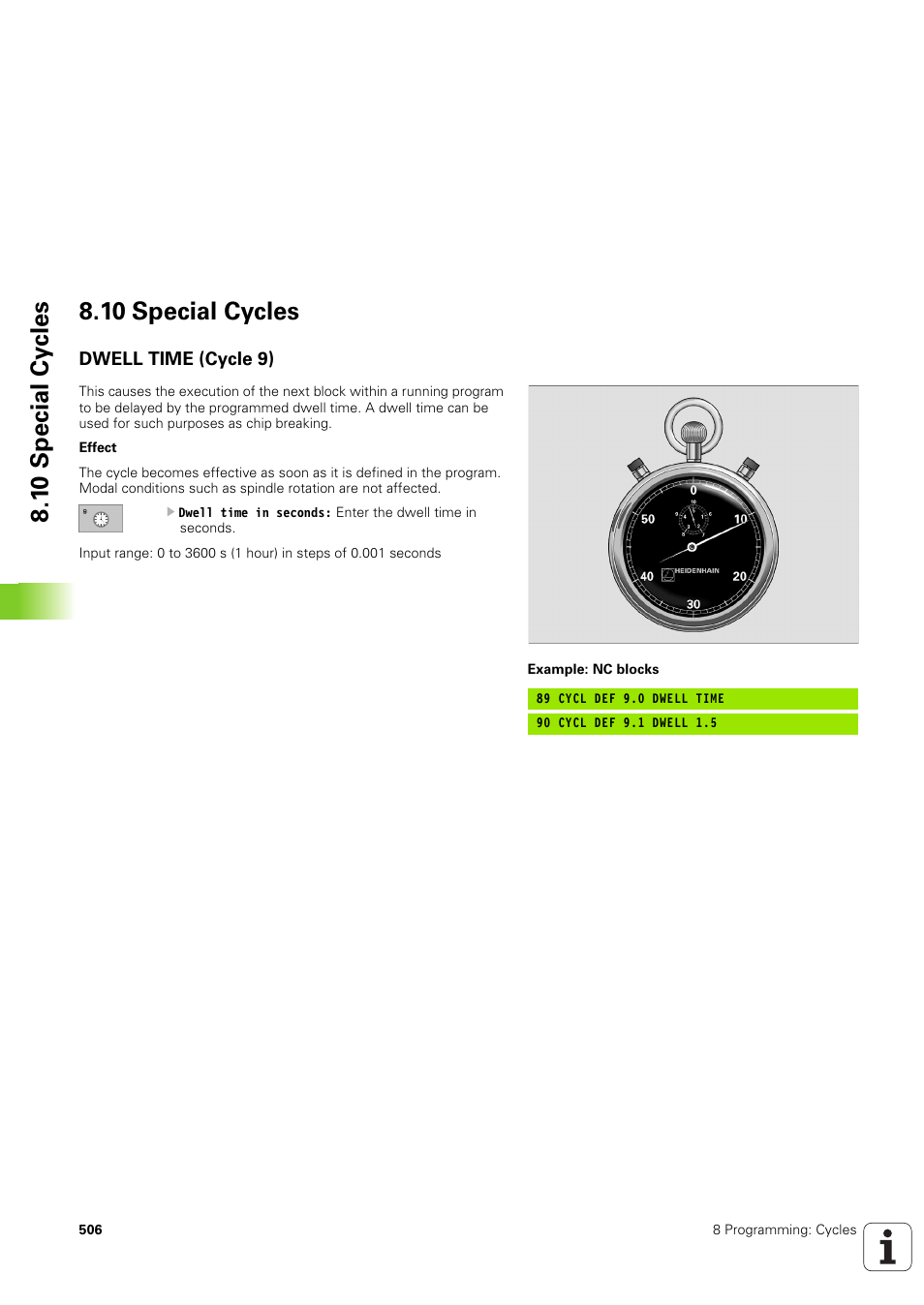10 special cycles, Dwell time (cycle 9) | HEIDENHAIN iTNC 530 (340 49x-03) User Manual | Page 506 / 753