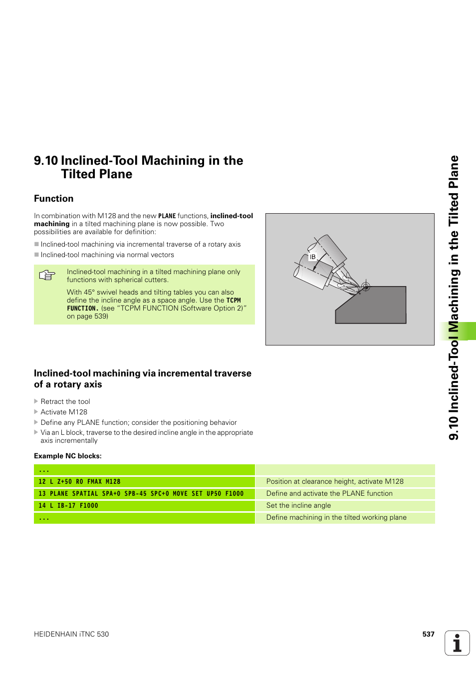 10 inclined-tool machining in the tilted plane, Function | HEIDENHAIN iTNC 530 (340 49x-03) User Manual | Page 537 / 753
