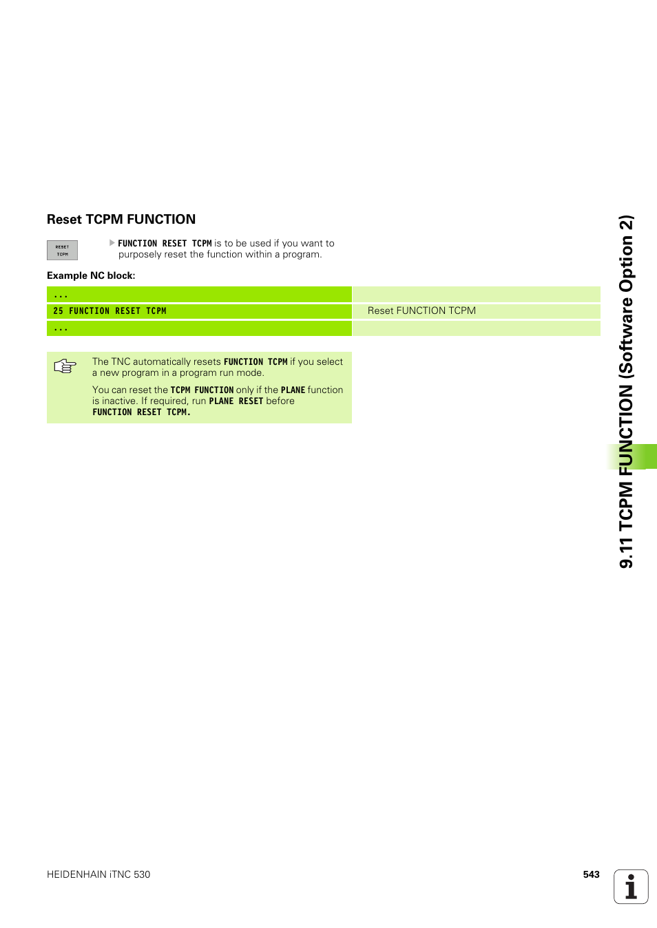 Reset tcpm function, 1 1 tcpm function (sof tw ar e o ption 2 ) | HEIDENHAIN iTNC 530 (340 49x-03) User Manual | Page 543 / 753