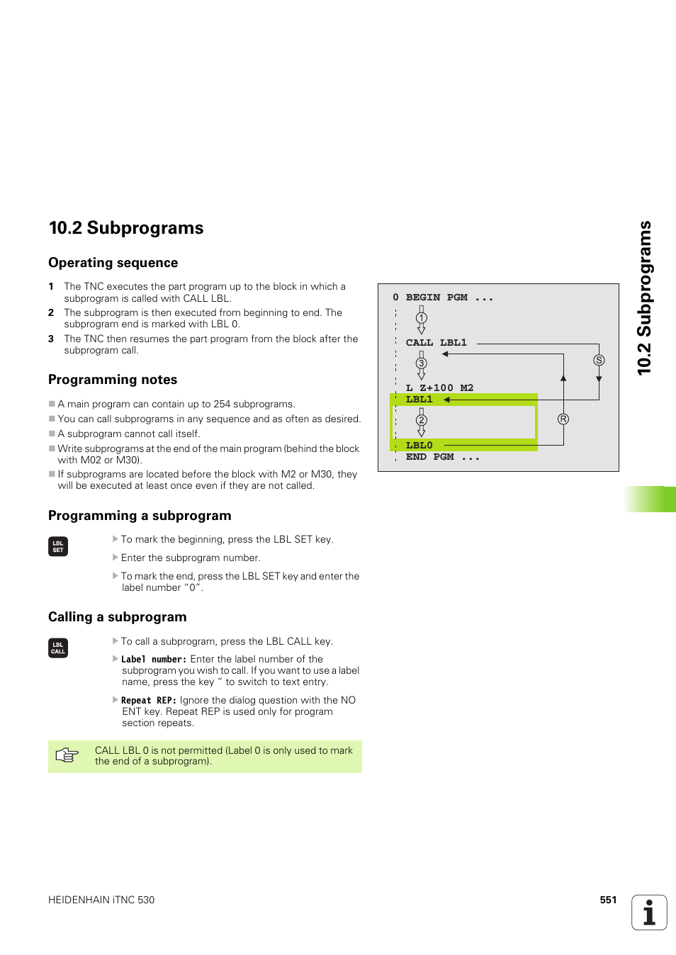 2 subprograms, Operating sequence, Programming notes | Programming a subprogram, Calling a subprogram | HEIDENHAIN iTNC 530 (340 49x-03) User Manual | Page 551 / 753