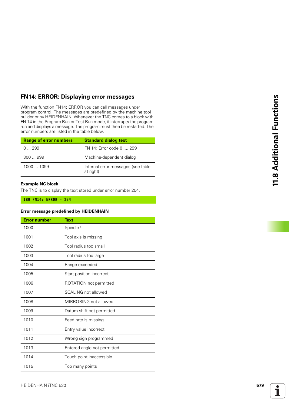 Fn14: error: displaying error messages, 8 a d ditional f u nctions | HEIDENHAIN iTNC 530 (340 49x-03) User Manual | Page 579 / 753