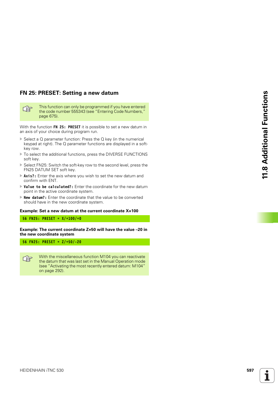 Fn 25: preset: setting a new datum, 8 a d ditional f u nctions | HEIDENHAIN iTNC 530 (340 49x-03) User Manual | Page 597 / 753