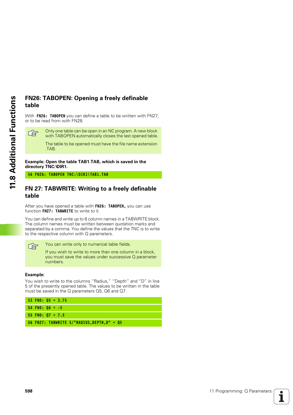 Fn26: tabopen: opening a freely definable table, 8 a d ditional f u nctions | HEIDENHAIN iTNC 530 (340 49x-03) User Manual | Page 598 / 753