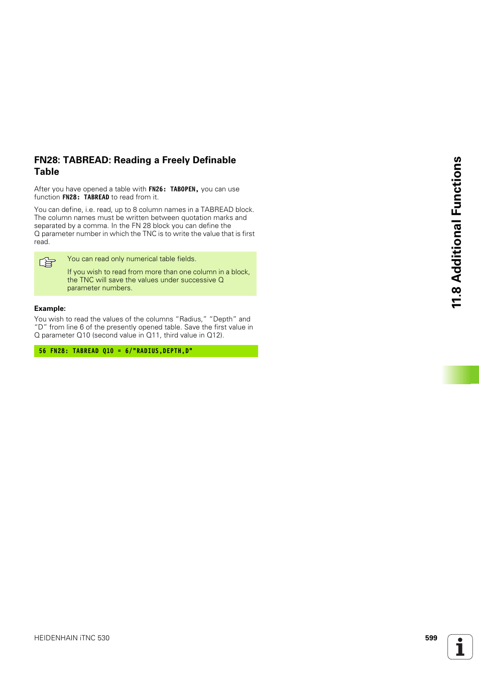 Fn28: tabread: reading a freely definable table, 8 a d ditional f u nctions | HEIDENHAIN iTNC 530 (340 49x-03) User Manual | Page 599 / 753