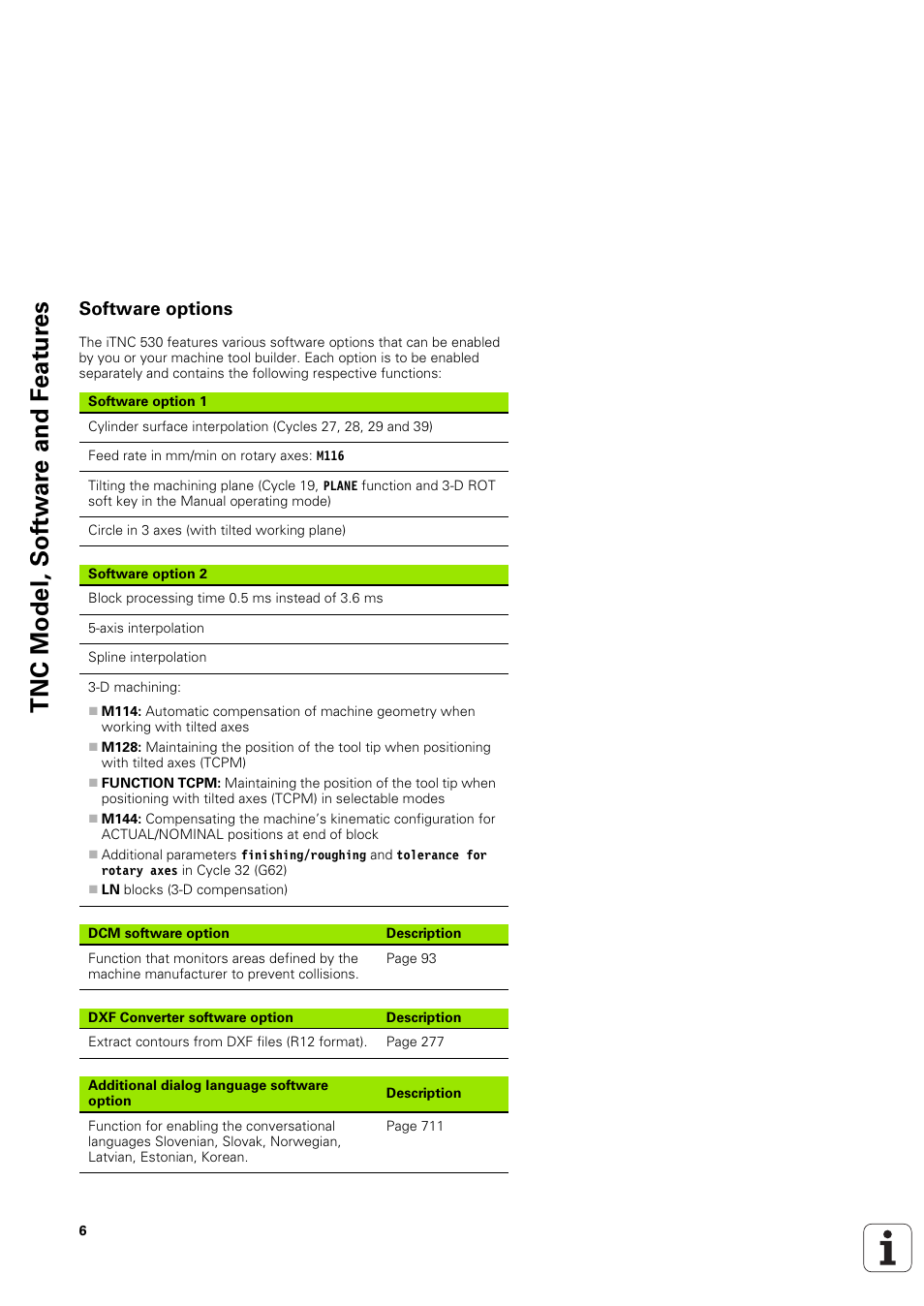 Software options, Tnc model, sof tw a re and f eat ur es | HEIDENHAIN iTNC 530 (340 49x-03) User Manual | Page 6 / 753