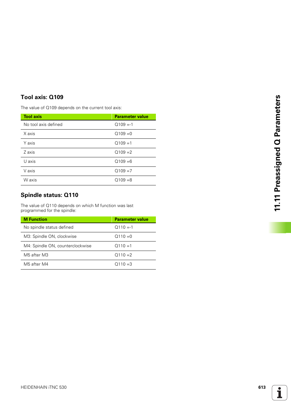 Tool axis: q109, Spindle status: q110, 1 1 pr eassigned q p ar amet ers | HEIDENHAIN iTNC 530 (340 49x-03) User Manual | Page 613 / 753