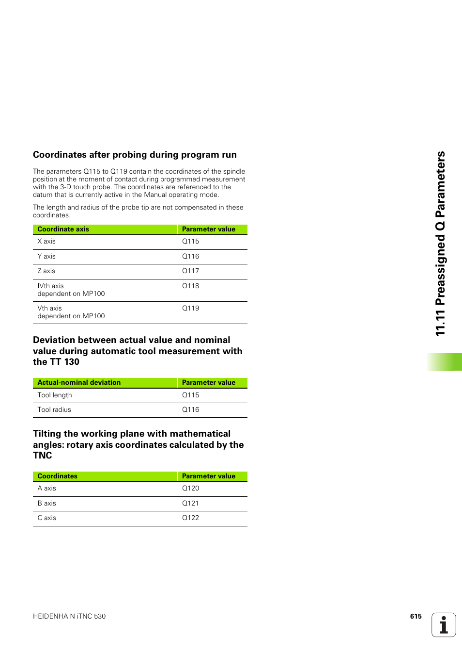Coordinates after probing during program run, 1 1 pr eassigned q p ar amet ers | HEIDENHAIN iTNC 530 (340 49x-03) User Manual | Page 615 / 753