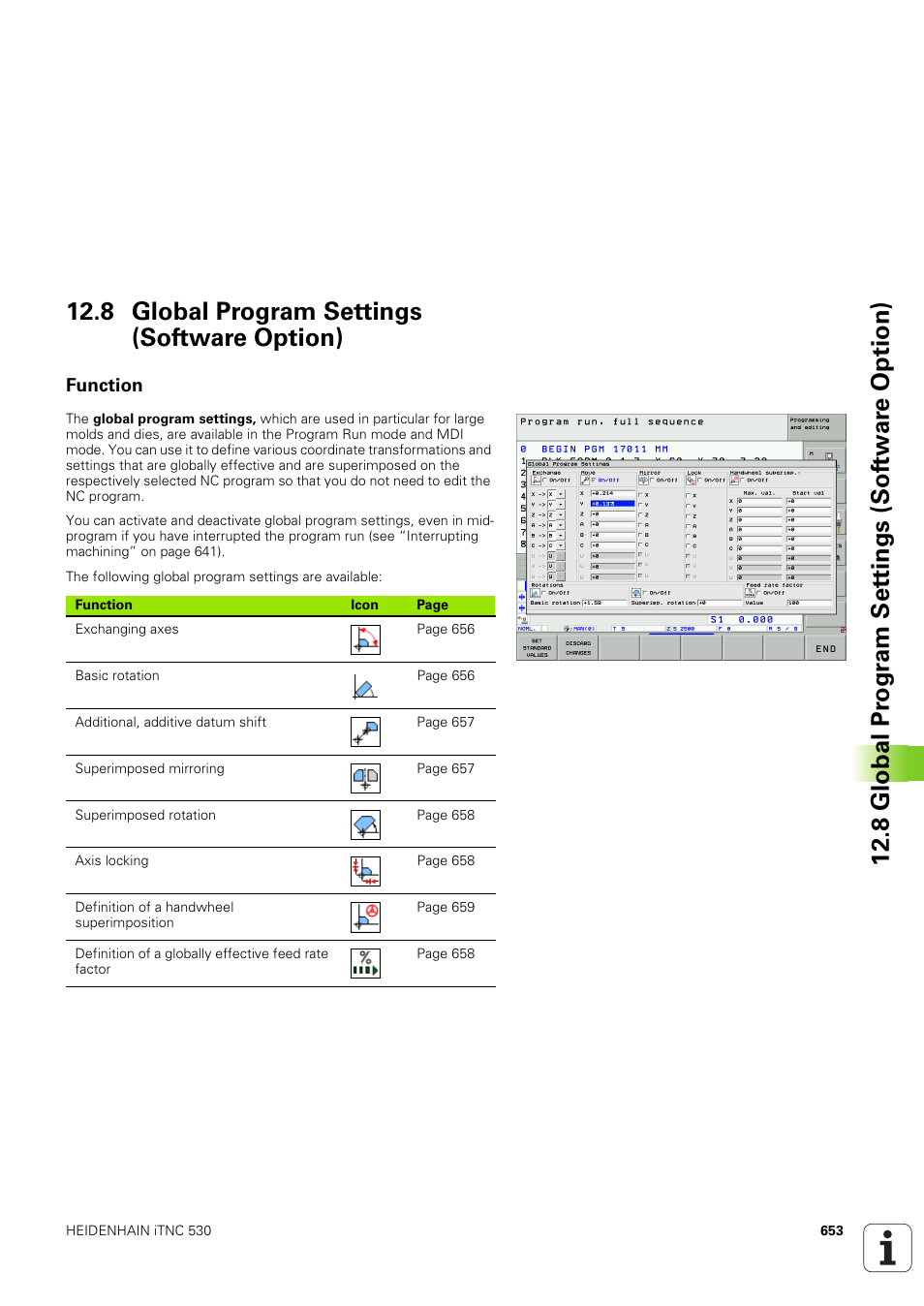 8 global program settings (software option), Function | HEIDENHAIN iTNC 530 (340 49x-03) User Manual | Page 653 / 753