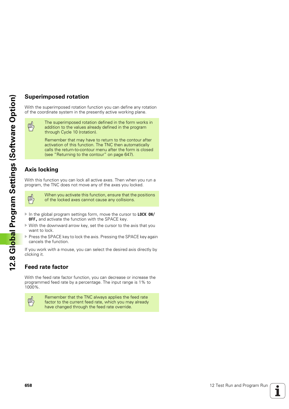 Superimposed rotation, Axis locking, Feed rate factor | 8 global pr ogr a m set tings (sof tw ar e option) | HEIDENHAIN iTNC 530 (340 49x-03) User Manual | Page 658 / 753