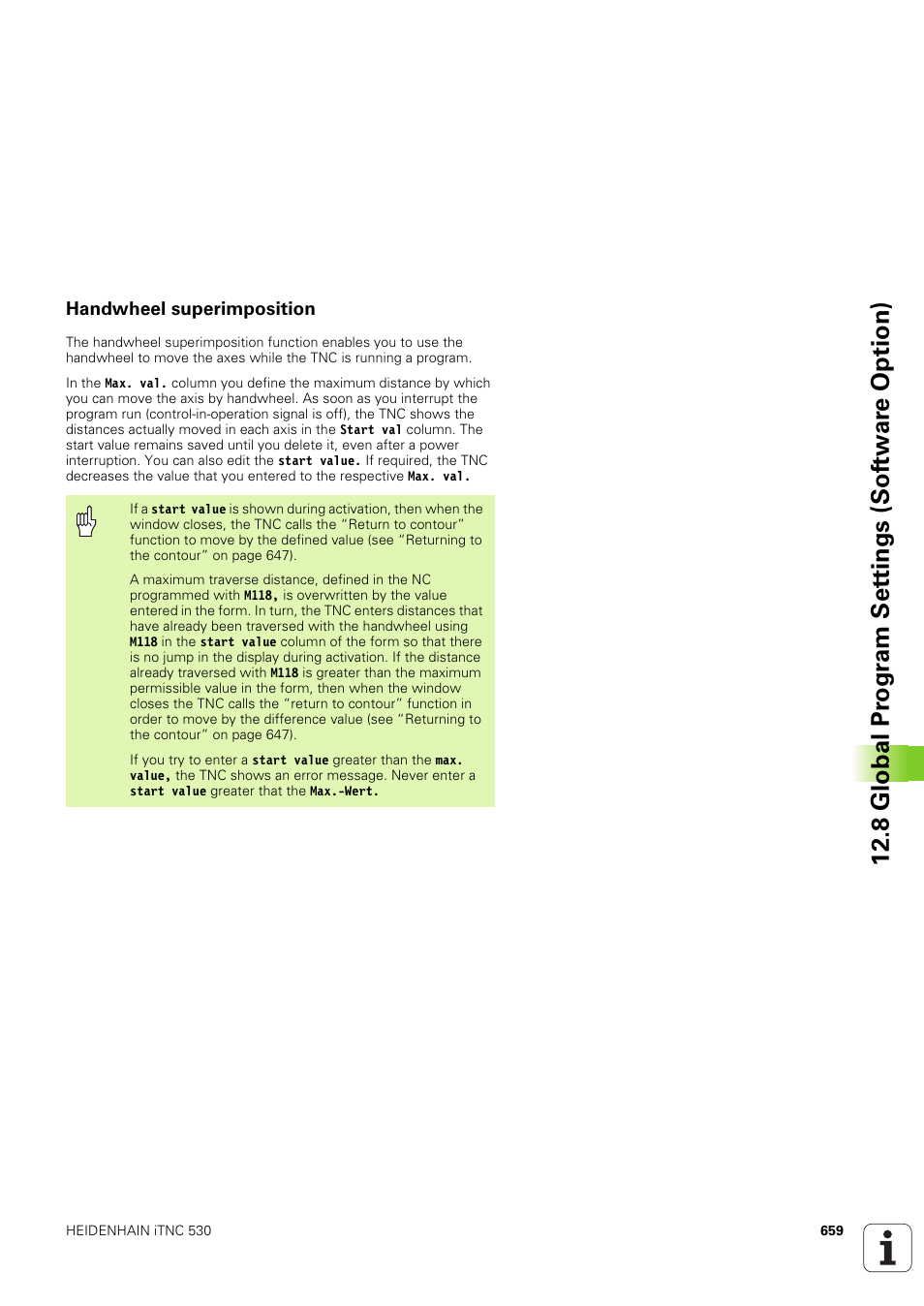 Handwheel superimposition, 8 global pr ogr a m set tings (sof tw ar e option) | HEIDENHAIN iTNC 530 (340 49x-03) User Manual | Page 659 / 753