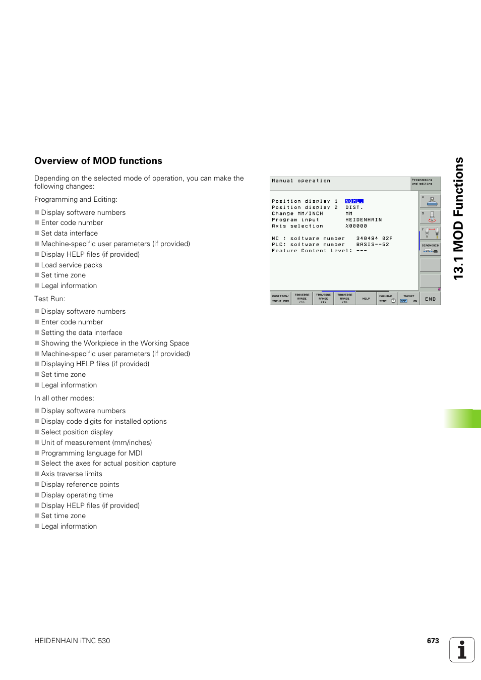 Overview of mod functions, 1 mod f u nctions | HEIDENHAIN iTNC 530 (340 49x-03) User Manual | Page 673 / 753