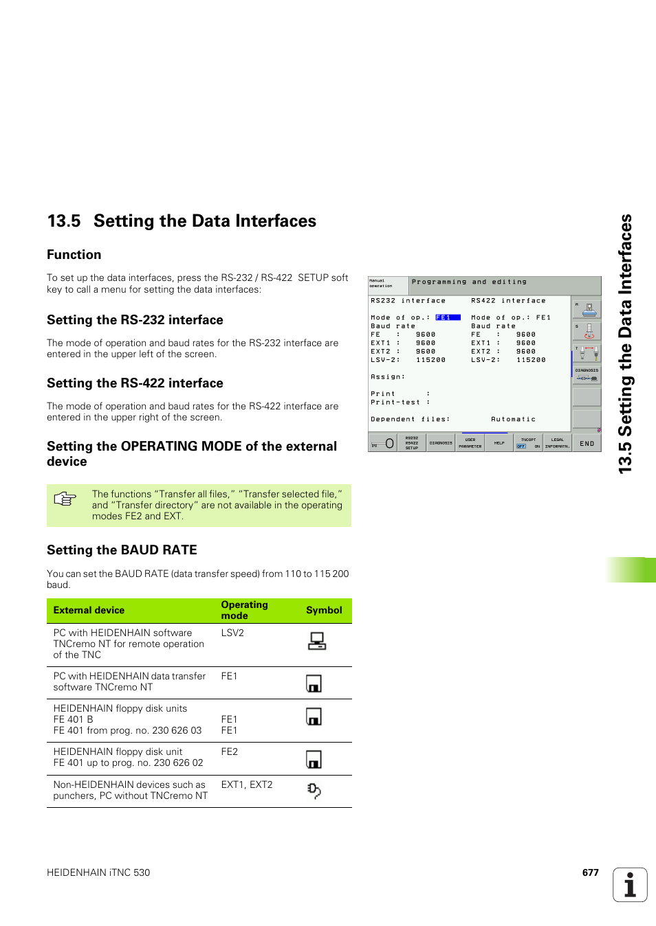 5 setting the data interfaces, Function, Setting the rs-232 interface | Setting the rs-422 interface, Setting the operating mode of the external device, Setting the baud rate | HEIDENHAIN iTNC 530 (340 49x-03) User Manual | Page 677 / 753