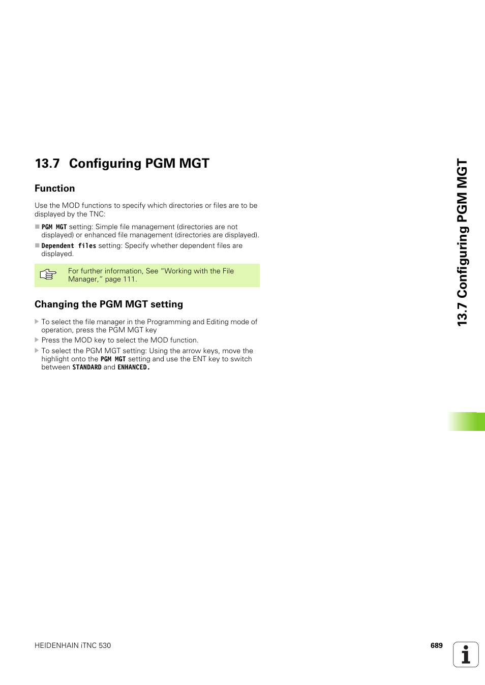 7 configuring pgm mgt, Function, Changing the pgm mgt setting | 7 configur ing pgm mgt 13.7 configuring pgm mgt | HEIDENHAIN iTNC 530 (340 49x-03) User Manual | Page 689 / 753