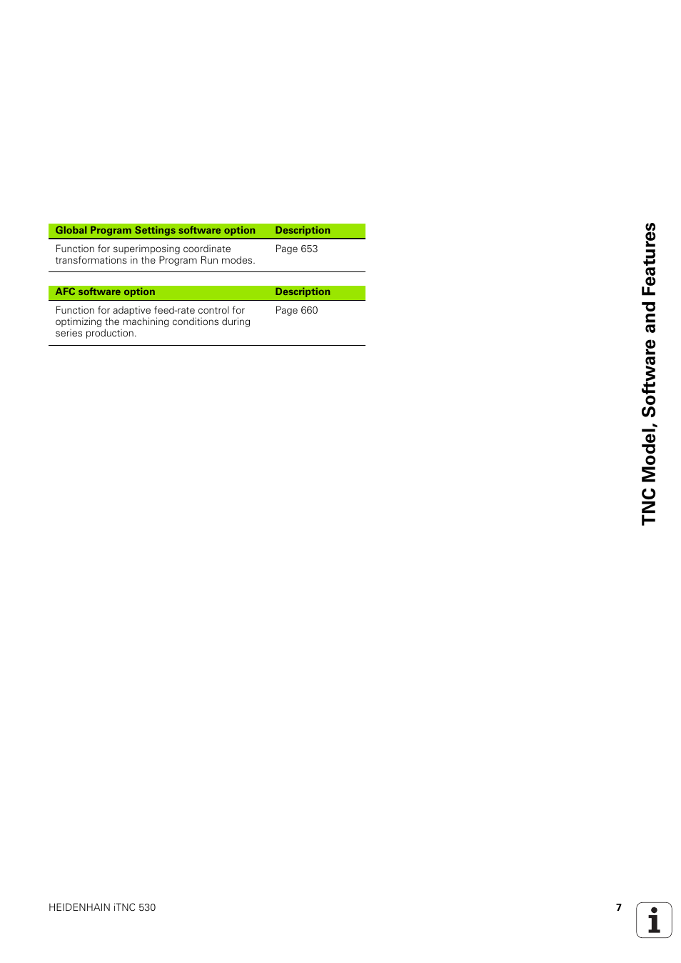 Tnc model, sof tw a re and f eat ur es | HEIDENHAIN iTNC 530 (340 49x-03) User Manual | Page 7 / 753