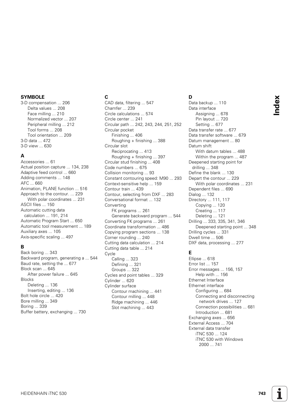 Index | HEIDENHAIN iTNC 530 (340 49x-03) User Manual | Page 743 / 753