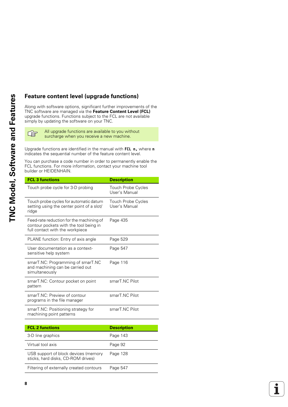 Feature content level (upgrade functions), Tnc model, sof tw a re and f eat ur es | HEIDENHAIN iTNC 530 (340 49x-03) User Manual | Page 8 / 753