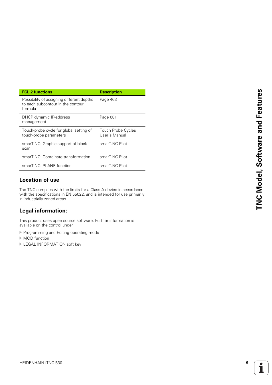 Location of use, Legal information, Tnc model, sof tw a re and f eat ur es | HEIDENHAIN iTNC 530 (340 49x-03) User Manual | Page 9 / 753