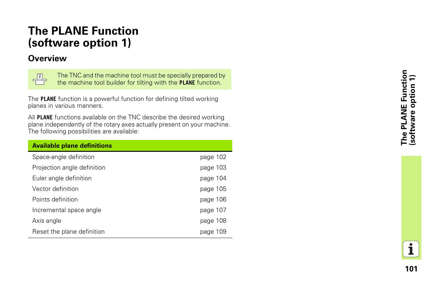 The plane function (software option 1), Overview | HEIDENHAIN iTNC 530 (340 49x-03) Pilot User Manual | Page 101 / 126
