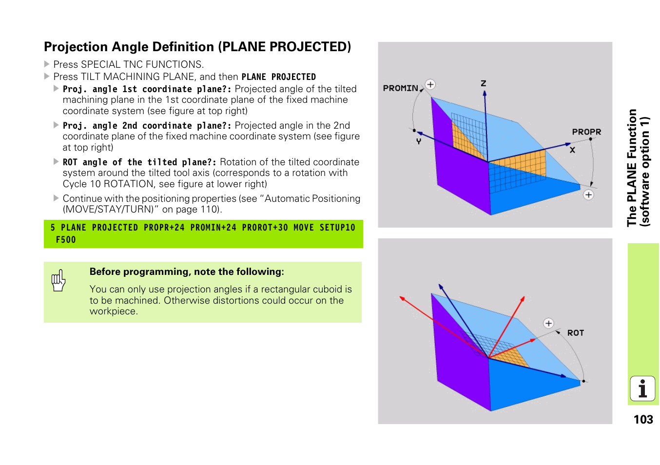 Projection angle definition (plane projected) | HEIDENHAIN iTNC 530 (340 49x-03) Pilot User Manual | Page 103 / 126
