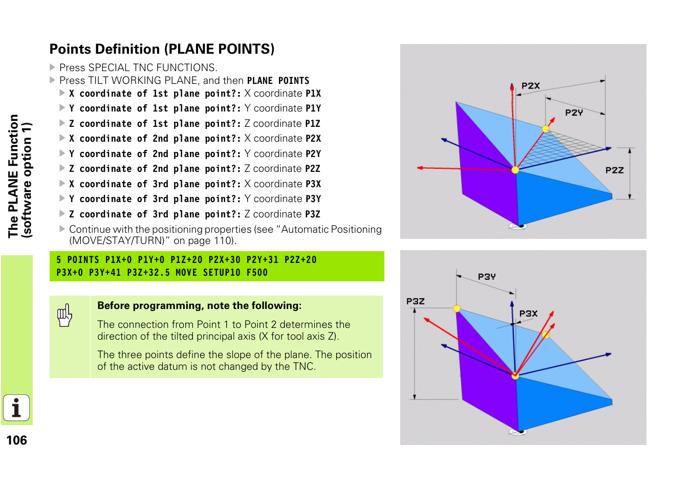Points definition (plane points) | HEIDENHAIN iTNC 530 (340 49x-03) Pilot User Manual | Page 106 / 126