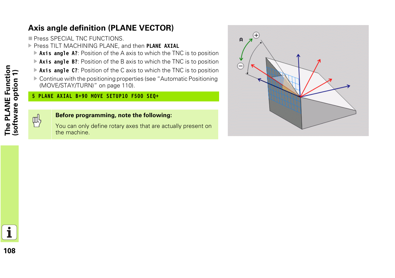 Axis angle definition (plane vector) | HEIDENHAIN iTNC 530 (340 49x-03) Pilot User Manual | Page 108 / 126