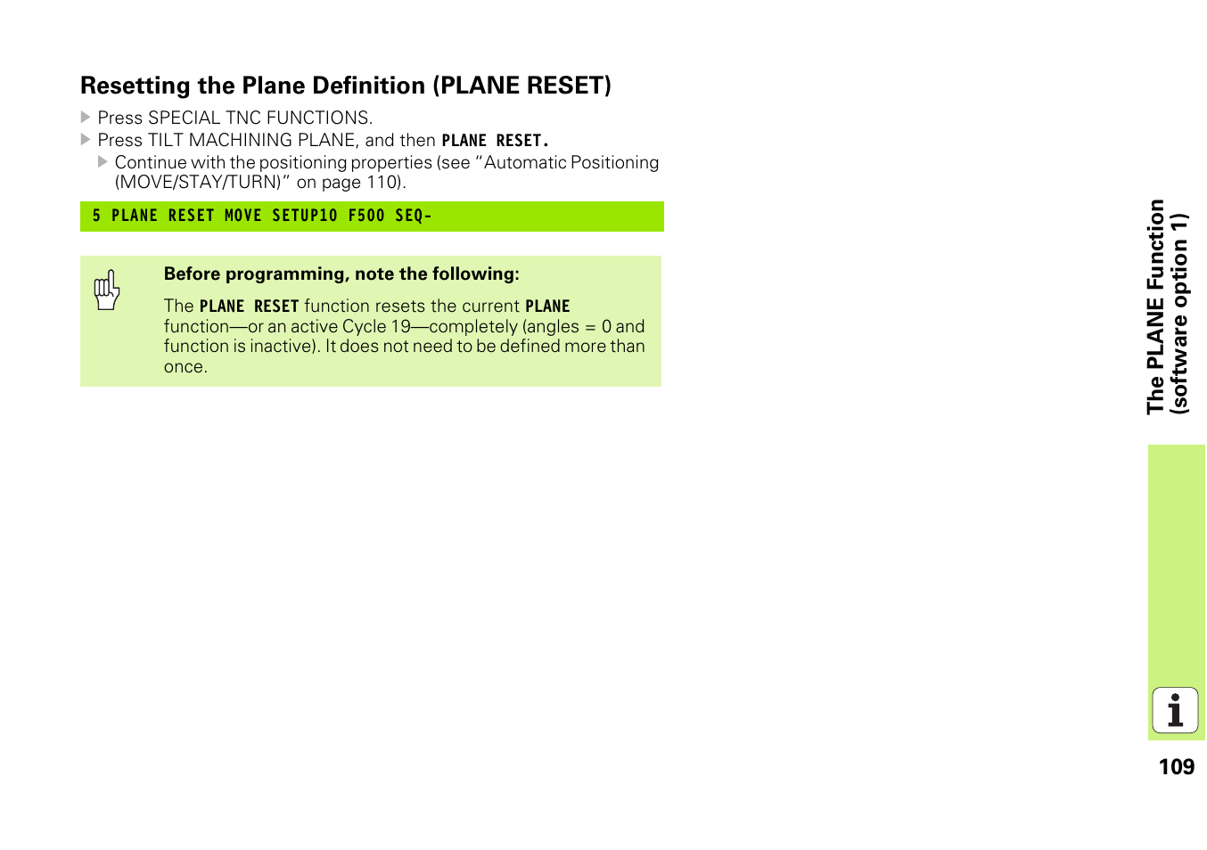 Resetting the plane definition (plane reset) | HEIDENHAIN iTNC 530 (340 49x-03) Pilot User Manual | Page 109 / 126