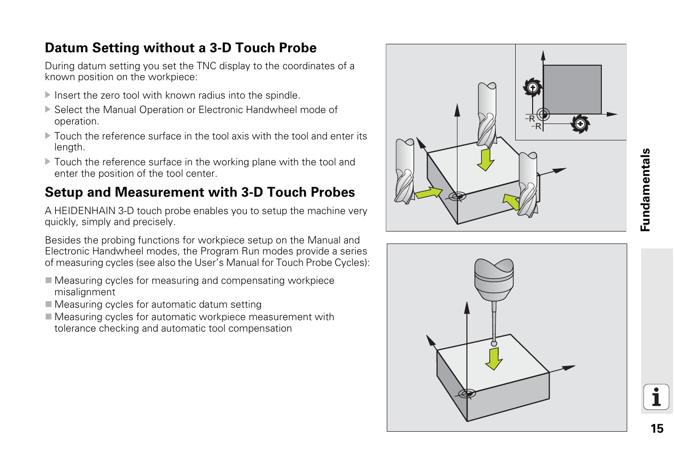 Datum setting without a 3-d touch probe, Setup and measurement with 3-d touch probes | HEIDENHAIN iTNC 530 (340 49x-03) Pilot User Manual | Page 15 / 126