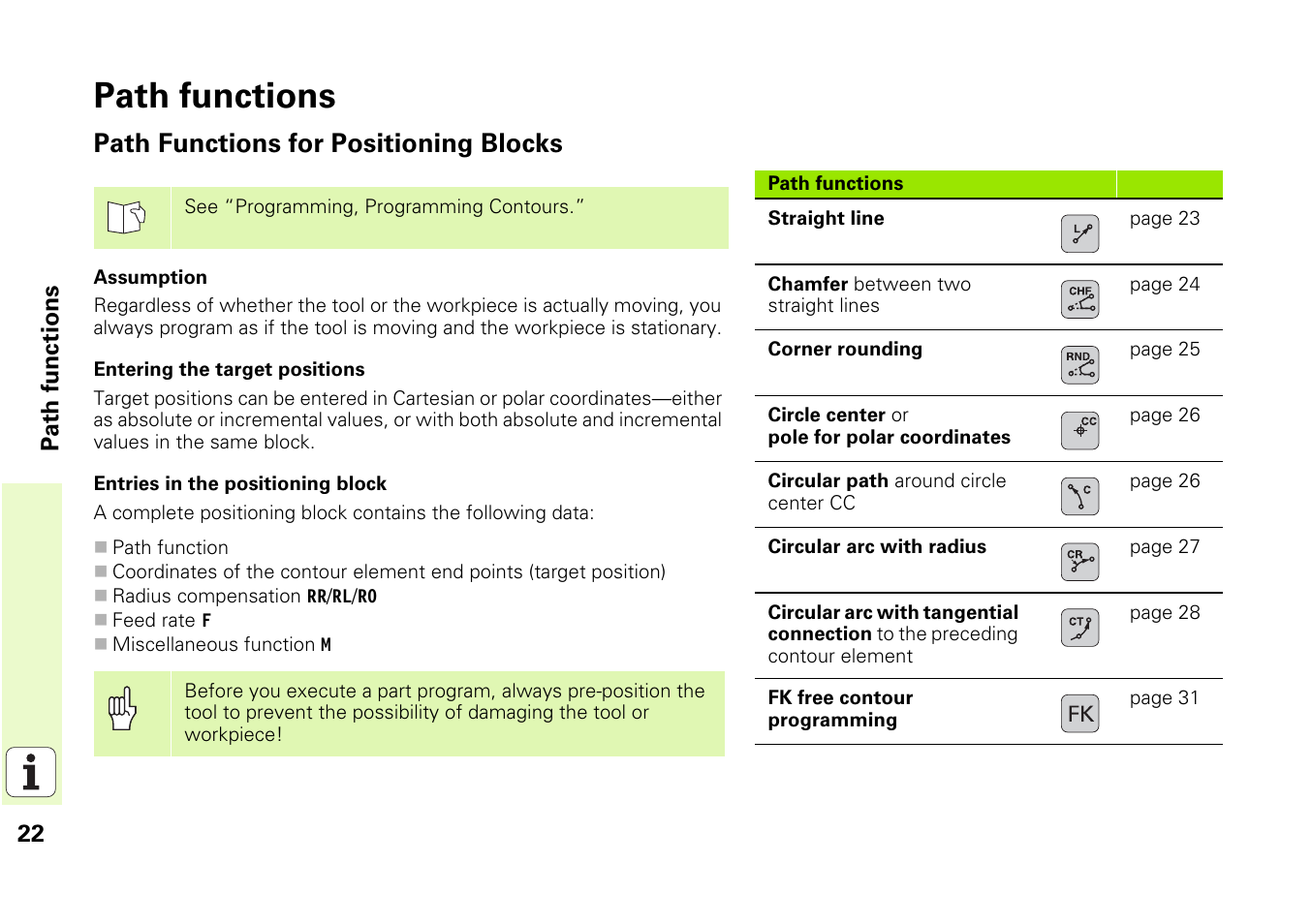 Path functions, Path functions for positioning blocks | HEIDENHAIN iTNC 530 (340 49x-03) Pilot User Manual | Page 22 / 126