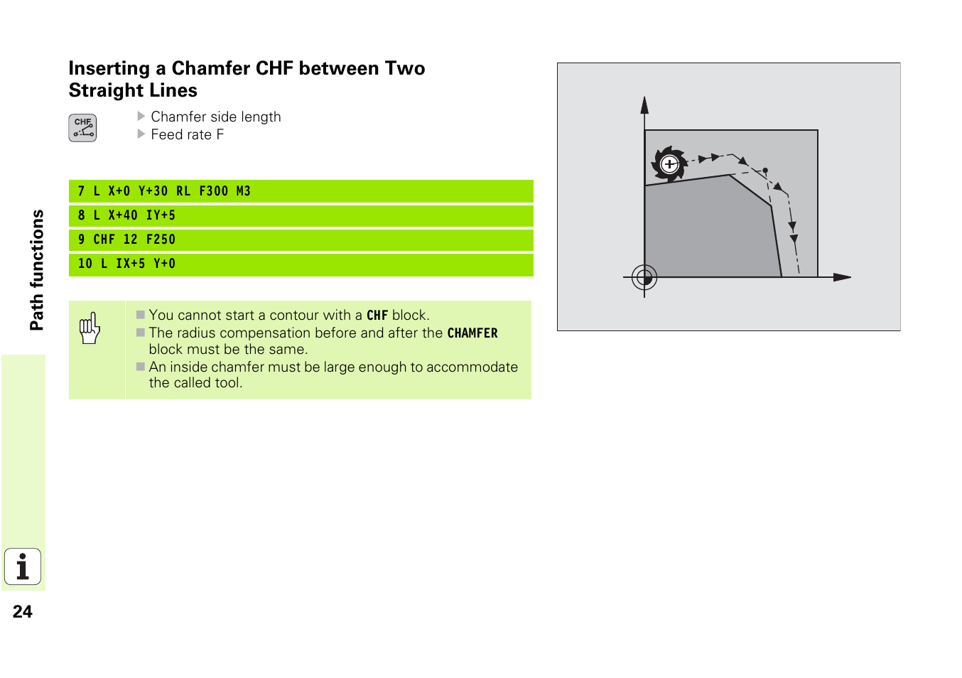 Inserting a chamfer chf between two straight lines | HEIDENHAIN iTNC 530 (340 49x-03) Pilot User Manual | Page 24 / 126