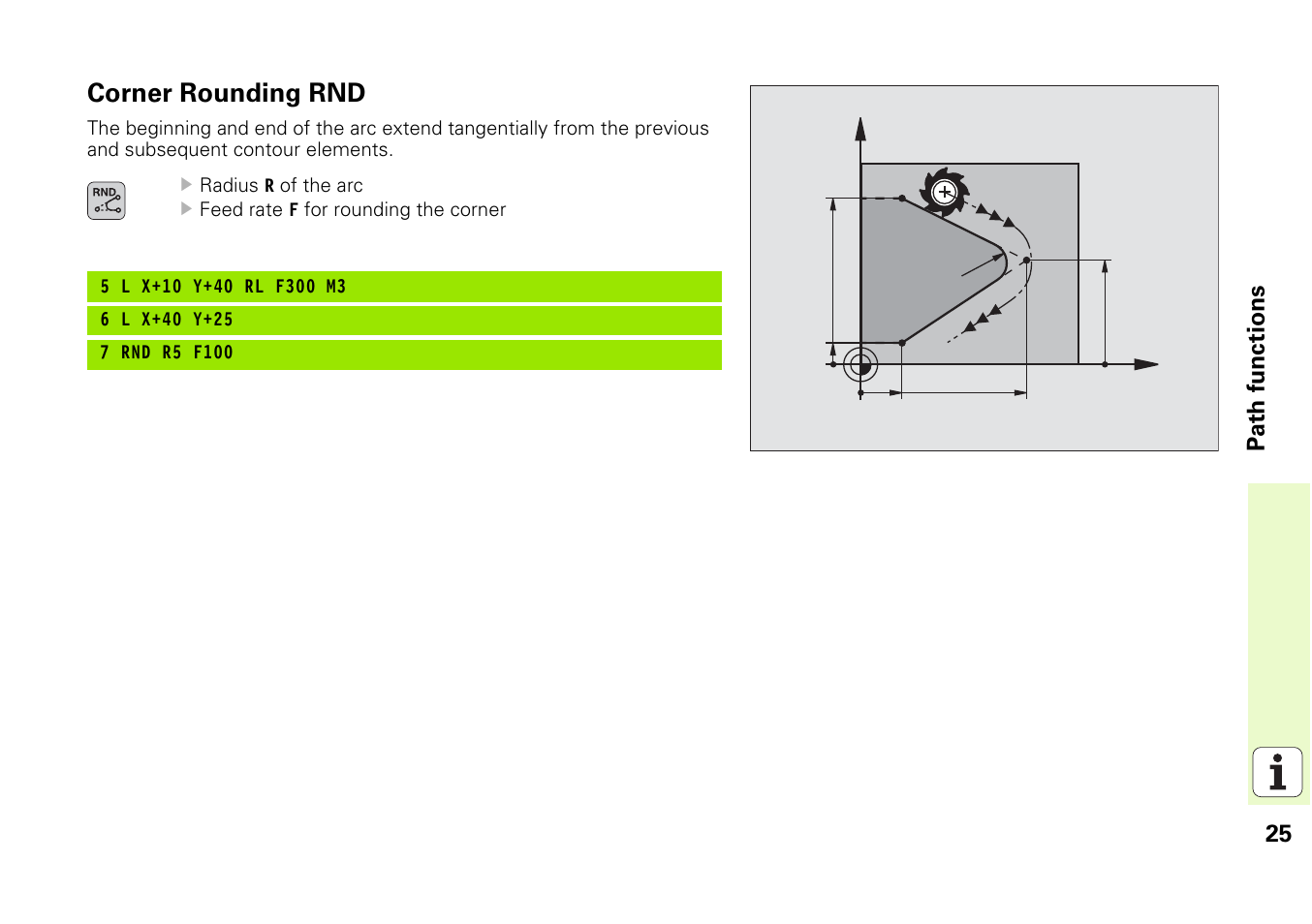 Corner rounding rnd | HEIDENHAIN iTNC 530 (340 49x-03) Pilot User Manual | Page 25 / 126