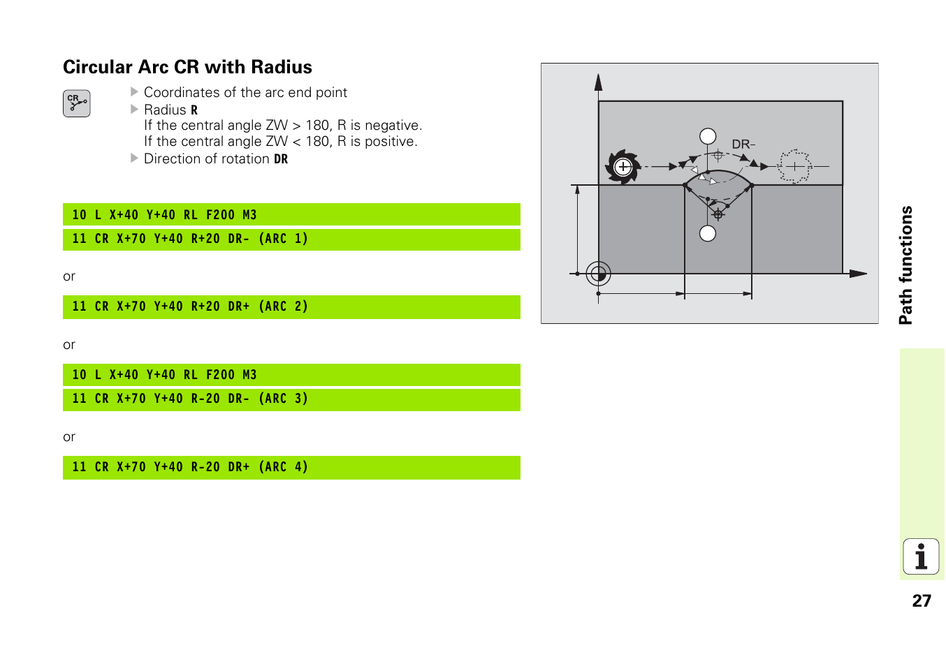 Circular arc cr with radius, 27 path functions | HEIDENHAIN iTNC 530 (340 49x-03) Pilot User Manual | Page 27 / 126