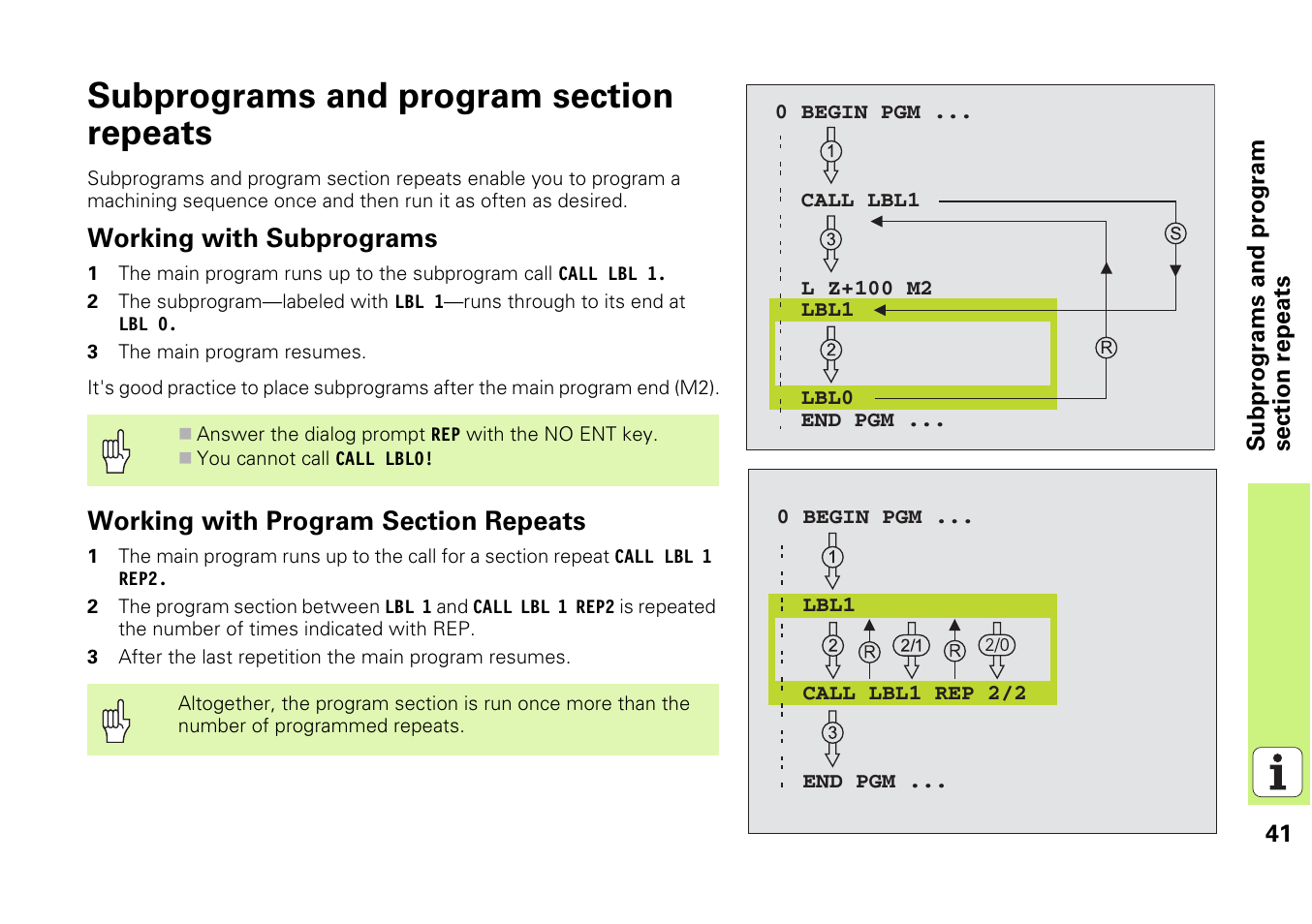 Subprograms and program section repeats, Working with subprograms, Working with program section repeats | HEIDENHAIN iTNC 530 (340 49x-03) Pilot User Manual | Page 41 / 126