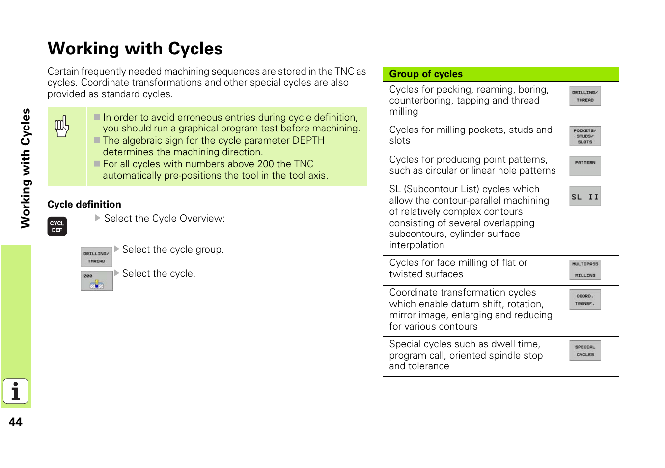 Working with cycles | HEIDENHAIN iTNC 530 (340 49x-03) Pilot User Manual | Page 44 / 126
