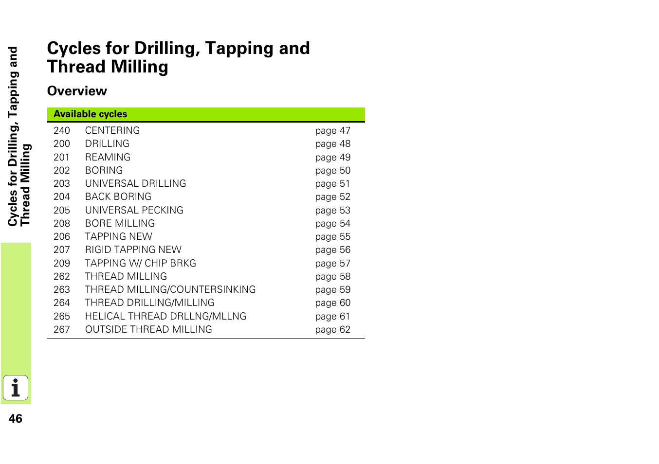 Cycles for drilling, tapping and thread milling, Overview | HEIDENHAIN iTNC 530 (340 49x-03) Pilot User Manual | Page 46 / 126