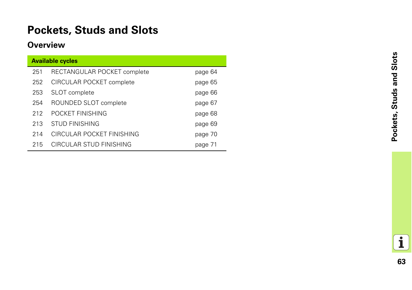 Pockets, studs and slots, Overview | HEIDENHAIN iTNC 530 (340 49x-03) Pilot User Manual | Page 63 / 126