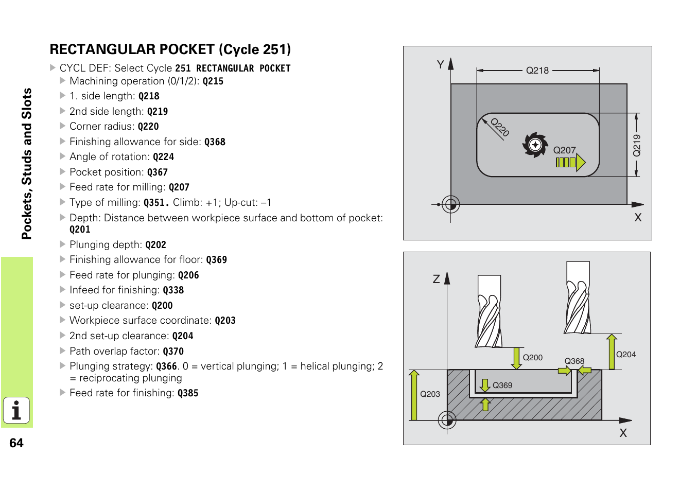 Rectangular pocket (cycle 251), 64 pockets, studs and slots | HEIDENHAIN iTNC 530 (340 49x-03) Pilot User Manual | Page 64 / 126