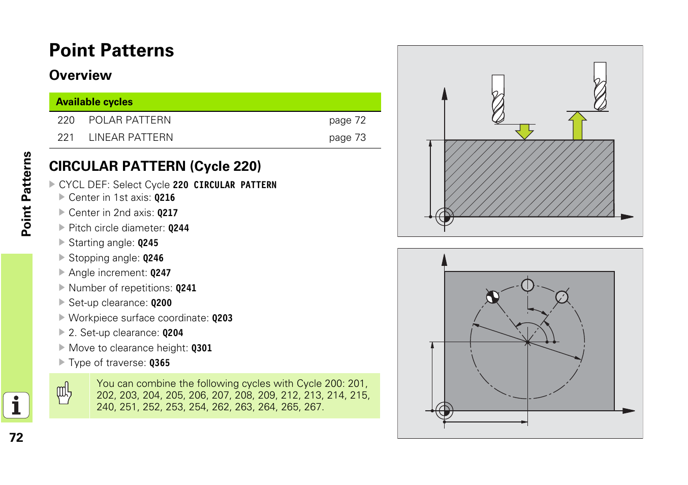 Point patterns, Overview, Circular pattern (cycle 220) | Overview circular pattern (cycle 220) | HEIDENHAIN iTNC 530 (340 49x-03) Pilot User Manual | Page 72 / 126