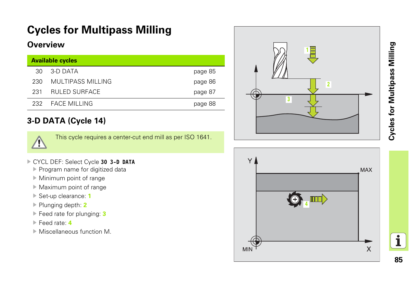 Cycles for multipass milling, Overview, D data (cycle 14) | Overview 3-d data (cycle 14) | HEIDENHAIN iTNC 530 (340 49x-03) Pilot User Manual | Page 85 / 126