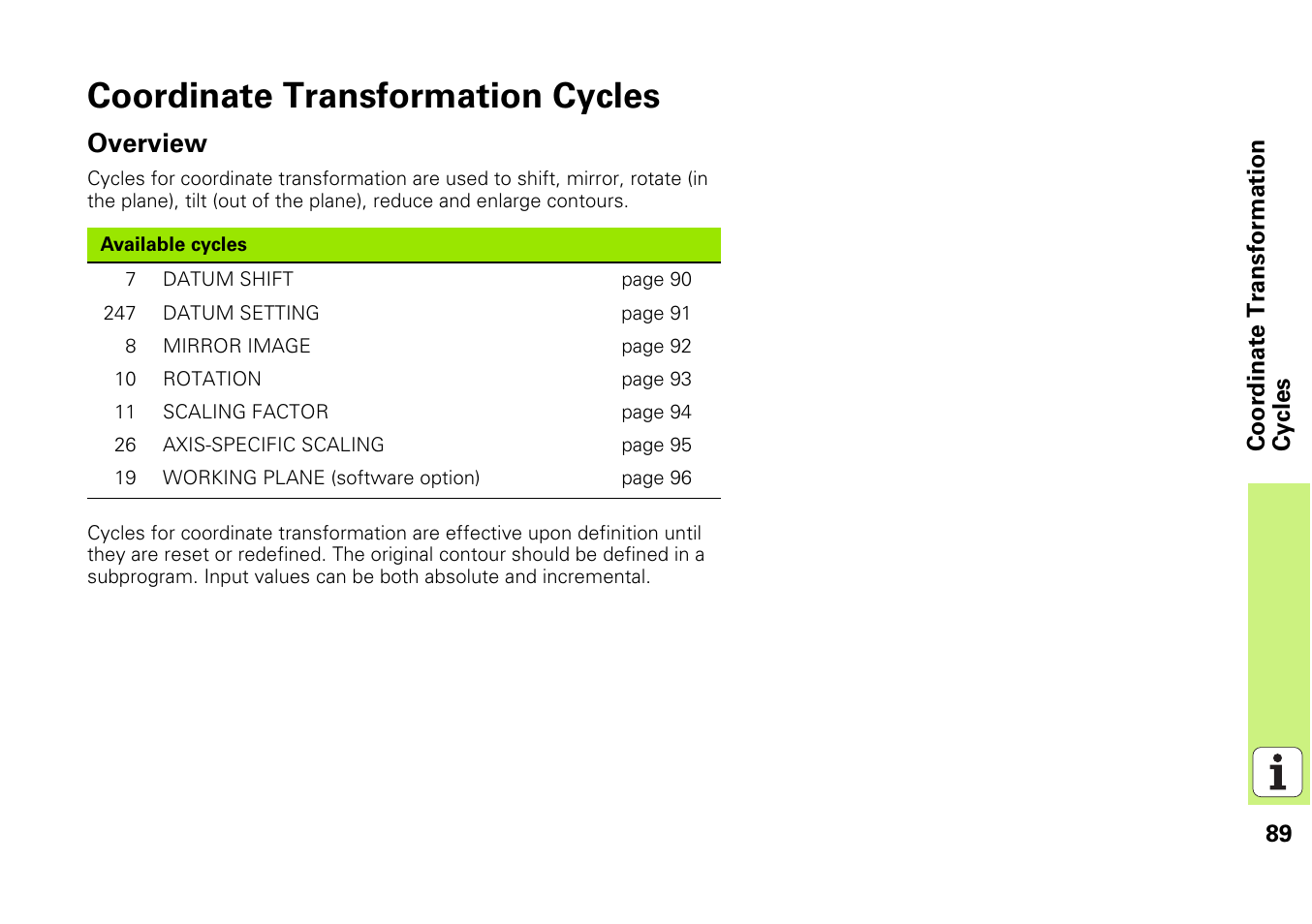 Coordinate transformation cycles, Overview | HEIDENHAIN iTNC 530 (340 49x-03) Pilot User Manual | Page 89 / 126