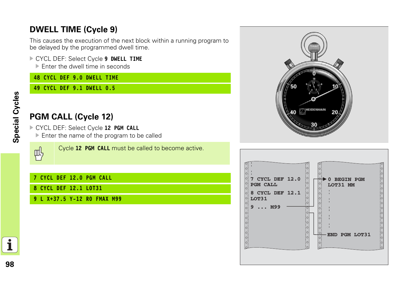 Dwell time (cycle 9), Pgm call (cycle 12) | HEIDENHAIN iTNC 530 (340 49x-03) Pilot User Manual | Page 98 / 126