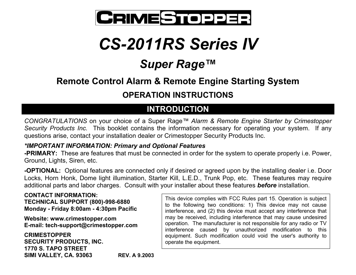 Crimestopper Security Products CS-2011RS User Manual | 16 pages