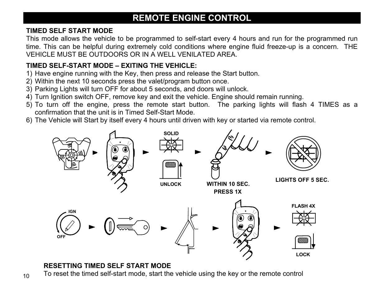 Timed self start mode, Timed self-start mode – exiting the vehicle, Resetting timed self start mode | Remote engine control | Crimestopper Security Products CS-2011RS User Manual | Page 10 / 16