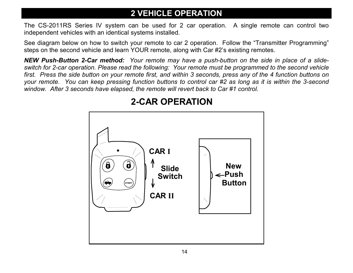 2 vehicle operation, Car operation, Car i car ii slide | Switch push button new | Crimestopper Security Products CS-2011RS User Manual | Page 14 / 16