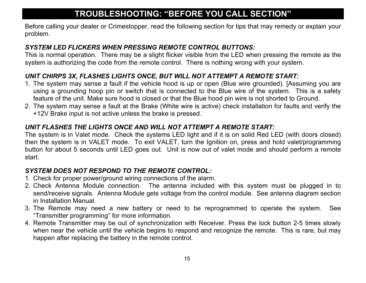 Troubleshooting: “before you call section | Crimestopper Security Products CS-2011RS User Manual | Page 15 / 16
